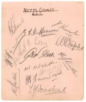 Nottinghamshire C.C.C. c.1937. Album page signed in pencil by fourteen Nottinghamshire players. Signatures are Harris, Heane, Knowles, Voce, Wheat, Lilley, Staples, Gunn, Butler, Walker, Hardstaff, Larwood, Woodhead and Keeton. G/VG - cricket