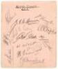 Nottinghamshire C.C.C. c.1937. Album page signed in pencil by fourteen Nottinghamshire players. Signatures are Harris, Heane, Knowles, Voce, Wheat, Lilley, Staples, Gunn, Butler, Walker, Hardstaff, Larwood, Woodhead and Keeton. G/VG - cricket