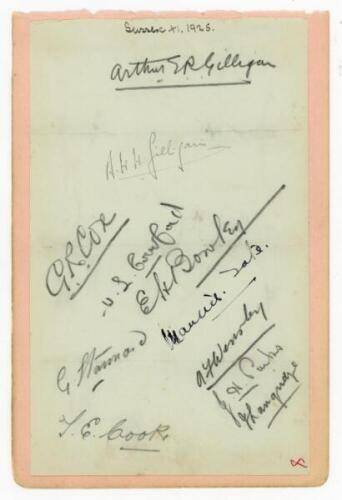 Sussex C.C.C. 1925. Album page laid down to slightly larger page, signed by eleven members of the 1925 Sussex team. One signature in ink of Tate, the remainder in pencil of A.E.R. Gilligan (Captain), A.H.H. Gilligan, Cox, Cornford, Bowley, Stannard, Wensl