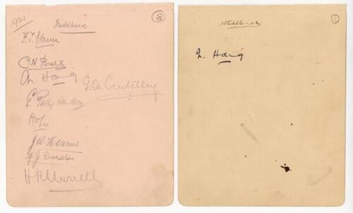 Middlesex C.C.C. 1921. Large album page signed in pencil by nine members of the 1921 Middlesex team. Signatures are Mann (Captain), Bruce, Haig, Crutchley, Hendren, Lee, J.W. Hearne, Durston and Murrell. Sold with an ink signature of Nigel Haig on album p