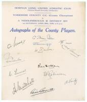 Yorkshire C.C.C. 1939. Sheet of headed paper for the Yorkshire C.C.C. v Middlesborough &amp; District XIV, 29th April 1939. Nicely signed by twelve members of the Yorkshire side in ink including Sellers, Sutcliffe, Hutton, Bowes, Wood, Turner, Verity, Ley
