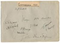 Glamorgan 1930. Large album page nicely signed in ink, one in pencil, by twelve members of the Glamorgan team. Signatures include Turnbull (cpt), Dyson, Morgan, Bell, Every, Howard, Bates, Mercer etc. VG - cricket