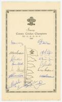 Surrey 'County Cricket Champions 1952-1958'. Official autograph sheet signed by fourteen members of the Surrey team of 1958. Signatures include May, A. Bedser, Laker, Clark, Stewart, Constable, McIntyre, Barrington, E. Bedser, Parsons, Lock etc. G/VG - cr