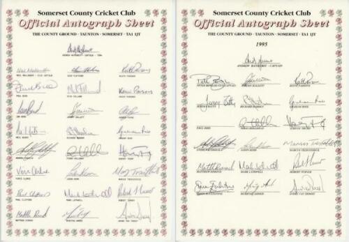 Somerset C.C.C. 1994-1997. Four official autograph sheets for the 1994,1995, 1996 and 1997 seasons. Signatures include Hayhurst, Mallender, Parsons, Bond, Burns, Rose, Caddick, Trump, Clarke, Trescothick, Lathwell, Mushtaq Ahmed, van Troost, Bowler, Batty