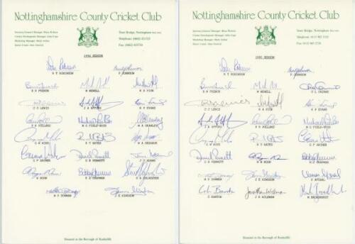 Nottinghamshire C.C.C. 1994-1997. Four official autograph sheets for the 1994,1995, 1996 and 1997 seasons. Signatures include Robinson, Johnson, French, Newell, Pick, Lewis, Field-Buss, Adams, Noon, Sylvester, Cairns, Pollard, Afzaal, Metcalfe, Afford, Za