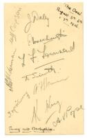 Surrey C.C.C. 1936 and 1958. Album page signed in pencil by ten players who played in the drawn match, Surrey v Derbyshire, The Oval 5th- 7th August 1936. Signatures are Daley, McMurray, King (Surrey), Copson, Alderman, Worthington, Townsend, Smith, Skinn