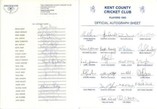 County autograph sheets 1991-2004. Five official autograph sheets for Yorkshire 1991 (twenty three signatures, lacking one), Kent 1993 (22, lacking one), Durham 1996 (25, lacking one), Gloucestershire 1998 (20, complete), and Surrey 2004 (19, lacking one)