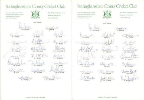 Nottinghamshire C.C.C. autograph sheets 1994-1997. Three fully signed official autograph sheets for Nottinghamshire teams. Seasons are 1994, 1995, and 1997. Signatures include Robinson, Johnson, French, Newell, Pick, Lewis, Field-Buss, Noon, Cairns, Afzaa