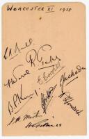 Worcestershire C.C.C. 1938. Album page nicely signed in black ink by ten members of the 1938 Worcestershire team. Signatures are Bull, Perks, Warne, Cooper, King, Jackson, Horton, Howorth, Martin and Gibbons. G/VG - cricket