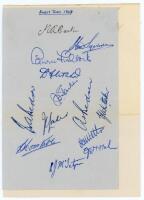 Surrey C.C.C. 1948. Page laid to album page, signed in ink by thirteen members of the Surrey team. Signatures are Barton, Squires, Fishlock, Fletcher, E. Bedser, Parker, Laker, A. Bedser, Whittaker, Constable, Watts, McMahon and McIntyre. To verso a page 