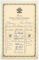 Surrey 'County Cricket Champions 1952-1958'. Official autograph sheet signed by sixteen members of the Surrey team of 1958. Signatures include May, A. Bedser, Laker, E. Bedser, Lock, Clark, McIntyre, Stewart, Barrington, Constable, Parsons, Edrich, Gibson