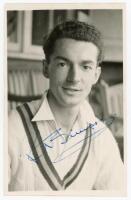 Reginald Thomas Simpson. Nottinghamshire &amp; England 1946-1963. Excellent mono real photograph plain back postcard of Simpson, head and shoulders wearing cricket attire. Stamp for A. Wilkes &amp; Son, West Bromwich to verso. Nicely signed in blue ink by