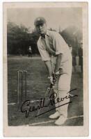 Greville Thomas Scott Stevens. Middlesex, Oxford University &amp; England 1919-1932. Mono real photograph postcard of Stevens standing full length at the wicket in batting pose. Publisher unknown. Nicely signed in black ink by Stevens to image. Postally u