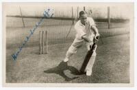 Herbert Sutcliffe. Yorkshire &amp; England 1919-1945. Mono real photograph postcard of Sutcliffe in batting pose in the nets nicely signed in blue ink to the photograph. Publisher unknown. Postally unused. G/VG - cricket