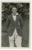 Maurice William Tate. Sussex &amp; England 1912-1937. Mono real photograph postcard c.1925 of Tate, three quarter length, wearing Sussex blazer, nicely signed in ink by Tate to image. Stamps to verso for Nias, Photographer, and Spalding Bros., Brighton. V