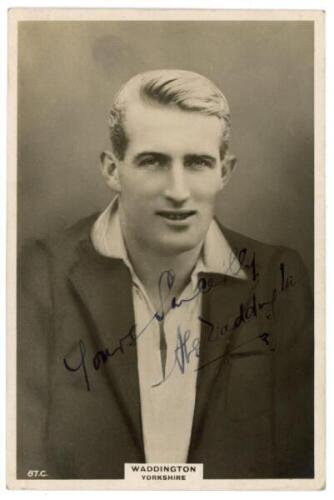 Abraham 'Abe' Waddington. Yorkshire &amp; England 1919-1927. Godfrey Phillips 'Pinnace' premium issue cabinet size mono real photograph trade card of Waddington, head and shoulders wearing cricket attire and blazer. Signed in black ink to the photograph b