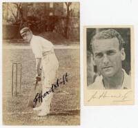 Joseph Hardstaff (Senior). Nottinghamshire &amp; England, 1902-1924. Sepia real photograph postcard of Hardstaff in batting pose in front of the wicket, holding bat aloft. Very nicely signed in black ink to image by Hardstaff. Hawkins &amp; Co of Brighto