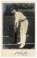 Albert Ernest Knight. Leicestershire &amp; England 1895-1912. Mono real photograph postcard of Knight in batting pose. Nicely signed in black ink by Knight. Rapid Photo Co (1242). Some silvering to the image corners, otherwise in good/ very good condition