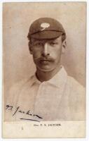 Frank Stanley Jackson. Yorkshire, Cambridge University &amp; England 1890-1907. Sepia postcard for Jackson, head and shoulders wearing a Yorkshire cap. Signed in black ink to the image by Jackson. Photo by E. Hawkins &amp; Co. Herriot Series. Minor soilin