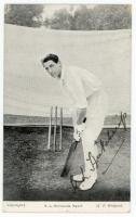 Kenneth Lotherington Hutchings. Kent &amp; England 1902-1912. Mono postcard of Hutchings in batting pose. Nicely signed in black ink by Hutchings. Postally date stamped 1909. Mockford of Tonbridge series. Small adhesive marks to verso, otherwise in good c