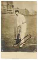 Thomas Walter Hayward. Surrey &amp; England 1893-1914. Sepia real photograph postcard of Hayward in batting pose at the wicket. Nicely signed in black ink 'Yours sincerely T. Hayward'. R. Thiele post card. Printed in Berlin. G/VG - cricket