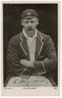 Thomas Walter 'Tom' Hayward. Surrey &amp; England 1893-1914. Mono real photograph postcard of Hayward, half length, in cap and blazer. Nicely signed in black ink by Hayward to the photograph. Rapid series no. 3784. Light crease to lower right corner and o