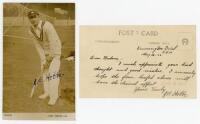 John Berry 'Jack' Hobbs. Surrey &amp; England , 1905-1934. Sepia real photograph postcard of Hobbs, full length in batting pose. Signed to the photograph in black ink by Hobbs. To verso, a handwritten message in ink in Hobb's own neat hand, dated 10th Aug