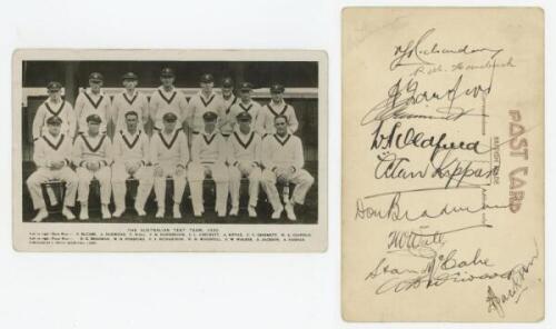 Australian tour to England 1930. 'The Australian Test Team 1930'. Original mono real photograph postcard of the Australian touring party seated and standing in rows wearing cricket attire. Printed titles and players' names to lower border. Nicely signed i