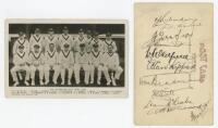 Australian tour to England 1930. 'The Australian Test Team 1930'. Original mono real photograph postcard of the Australian touring party seated and standing in rows wearing cricket attire. Printed titles and players' names to lower border. Nicely signed i