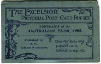 'The Excelsior Pictorial Post Card Co. Portraits of the Australian Team 1905'. Published by A.C. (Albert Craig) Cricket Rhymester. Blue card booklet with printed titles containing four postcards, featuring thirteen of the Australian players, three (one fo