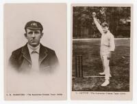 Australian tour to England 1909. Two mono real photograph postcards of members of the 1909 Australian touring party. Players are V.S. Ransford depicted head and shoulders in cameo, and A. Cotter in bowling pose. Both postcards by Davidson Bros., London. S