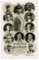 'The Ashes' England v Australia, 1926. Mono real photograph postcard featuring vignettes of thirteen England players for the Third Test at Leeds, 10th-13th July 1926. Players featured include Carr (Captain), Root, Hobbs, Parker, Sutcliffe, Hendren, Macaul