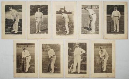 Yorkshire player postcards early 1900s. Nine mono real photograph postcards, published by Wrench from photographs by Foster and Hawkins, of Yorkshire players, mainly in batting and bowling poses at the wicket. Series numbers are 1386 J.T. Brown, 1391 G.H.