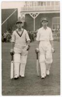 Len Hutton and Frank Lowson, Scarborough 1953. Mono real photograph plain back postcard of Hutton and Lowson walking out to bat at Scarborough in 1953, possibly for the Players in the match v Gentlemen, 5th- 8th September. Publisher unknown. G/VG - cricke