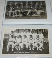 The Ashes. Small album comprising nine mono postcards with the odd real photograph postcard of England and Australian teams and players 1905-1953. Also five postcards from the 'Famous Test Match Grounds' series by Stamp Publicity, each signed by an Englan