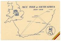 Norman Yardley. Yorkshire &amp; England. M.C.C. tour of South Africa 1938-1939. Official M.C.C. Christmas card from the 'Timeless Test' tour with cover image of a map showing England and South Africa with emblem of M.C.C. and South Africa. To inside a pho