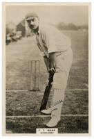 Francis Thomas Mann. Middlesex, Cambridge University &amp; England 1909-1931. Phillips 'Pinnace' premium issue cabinet size mono real photograph trade card of Mann, full length in batting pose at the wicket, wearing Middlesex cap. Nicely signed in blue in