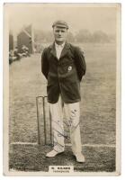 Roy Kilner, Yorkshire and England, 1911-27. Phillips 'Pinnace' premium issue cabinet size mono real photograph trade card of Kilner, full length, at the wicket wearing Yorkshire blazer and cap. Nicely signed to the photograph by Kilner. No. 49c. 4&quot;x6