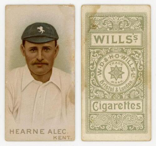 Wills's Cigarettes 'Cricketers'. W.D. &amp; H.O. Wills, Bristol &amp; London, 1896. Individual card from the series of fifty, of Alec Hearne, Kent. Minor staining, otherwise in good/ very good condition - cricket