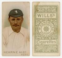 Wills's Cigarettes 'Cricketers'. W.D. &amp; H.O. Wills, Bristol &amp; London, 1896. Individual card from the series of fifty, of Alec Hearne, Kent. Minor staining, otherwise in good/ very good condition - cricket
