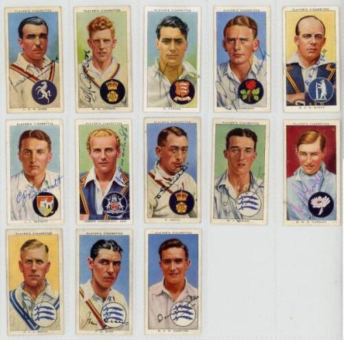 John Player &amp; Sons. 'Cricketers, 1938'. Thirteen cards from the series, each signed to the face in different coloured inks by the featured player. Signatures are Ames, Copson, Farnes, Washbrook, Wyatt, Barnett, Hardstaff Jun., D. Smith, Edrich, Yardle