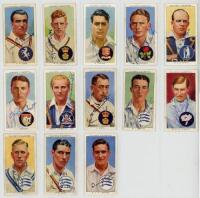 John Player &amp; Sons. 'Cricketers, 1938'. Thirteen cards from the series, each signed to the face in different coloured inks by the featured player. Signatures are Ames, Copson, Farnes, Washbrook, Wyatt, Barnett, Hardstaff Jun., D. Smith, Edrich, Yardle