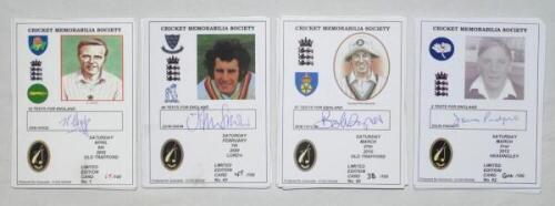 Cricket Memorabilia Society (C.M.S.) collectors' cards. Thirty C.M.S. signed cards, the series limited to an issue of one hundred copies of each card. Various limitation numbers. Card numbers are 1, 19, 34, 39, 41-58, 62-64, 68, 71, 73 and 74. One duplica