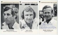 Cornhill Insurance cards. Series 'A'. Four signed mono cards from series 'A'. Cards are Mike Brearley, John Lever and Derek Underwood, all signed to the front, and Mike Hendrick signed to verso. Some creasing to the Brearley and Hendrick cards, otherwise 