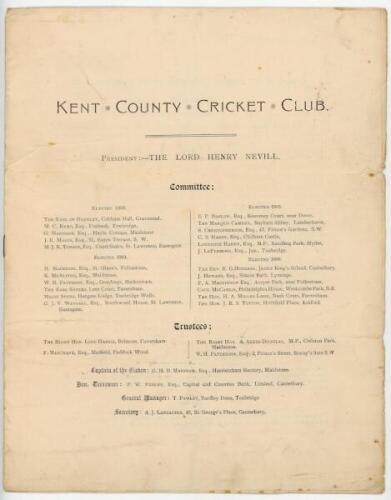 'Kent County Cricket Club. Report of the General Committee of the Members of the Club 1906'. Rare and early official 8pp printed report comprising list of officers, report of the 1906 season, accounts including the balances for F.H. Huish's benefit, and r