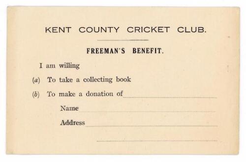 Alfred Percy 'Tich' Freeman. Kent &amp; England 1914-1936. Official Kent County Cricket Club Benefit postcard issued inviting contributors to take a collecting book or make a donation to Freeman's Benefit fund, probably 1929. Printed return address of 'Mr