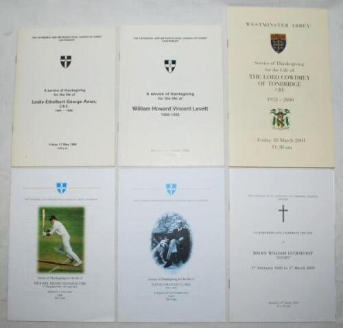 Kent cricketers' orders of service. Six original orders of service of thanksgiving for former Kent cricketers. Les Ames, Canterbury Cathedral, 11th May 1990. W.H.V. 'Hopper' Levett, Canterbury Cathedral, 18th March 1996. Colin Cowdrey, Westminster Abbey, 