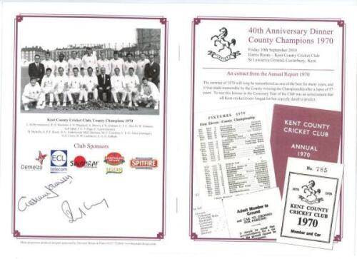 Kent C.C.C. '40th Anniversary Dinner County Champions 1970'. Official menu for the dinner held at Canterbury, 10th September 2010. signed to the inside scorecard pages by nine members of the 1970 Kent team. Signatures are Alan Ealham, Mike Denness, Norman