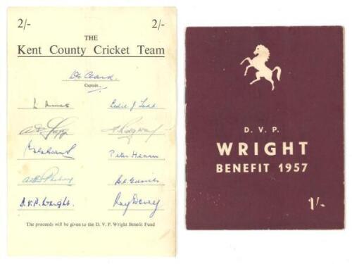 Kent C.C.C. 1950. Official autograph sheet very nicely signed by eleven members of the 1950 Kent team. Signatures include Clark (Captain), Ames, Fagg, Evans, Wright, Dovey, Edrich etc. 'All proceeds to the D.V.P. Wright Benefit Year' to bottom of page. So