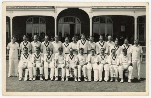 Kent v Australia 1956. Original mono real photograph plain back postcard of the Kent and Australian teams seated and standing in rows wearing cricket attire for the tour match played at Canterbury, 16th- 19th June 1956. Players featured include Rutherford